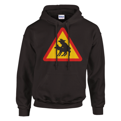 Varningsskylt med parande älgar som motiv på mörkbrun hoodie