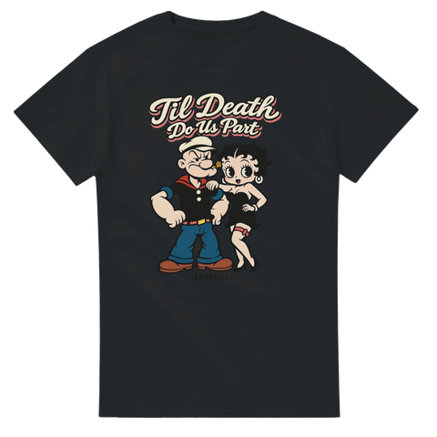 Popeye och Betty Boop "Til Death Do Us Part" retro t-shirt i svart.