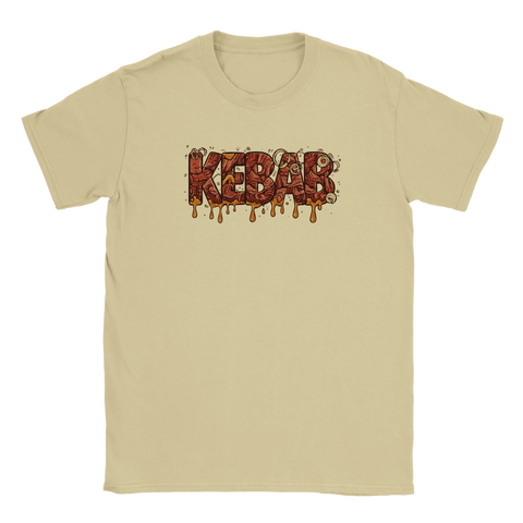 Humoristisk t-shirt i beige med grafiskt motiv föreställande saftigt kebabkött
