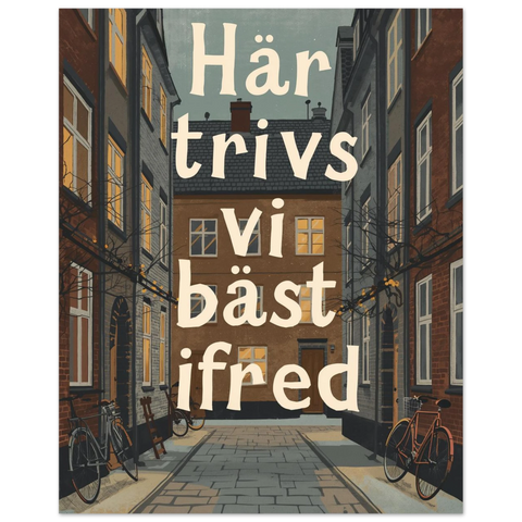 Närbild på en poster föreställande en urban gränd i dämpade färger med beige typografi centrerat i motivet.