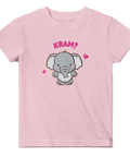Rosa baby t-shirt med söt tecknad elefant och texten Kram