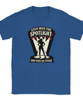 Step into the Spotlight" retro tryck med silhuett av kvinna på blå t-shirt.