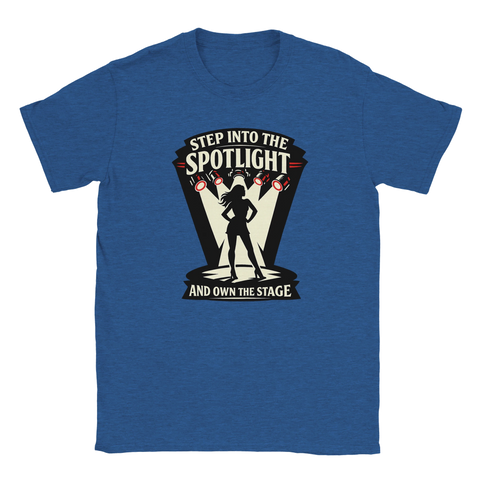Step into the Spotlight" retro tryck med silhuett av kvinna på blå t-shirt.