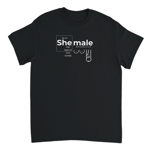 Svart t-shirt med texten She Male i minimalistisk typografi