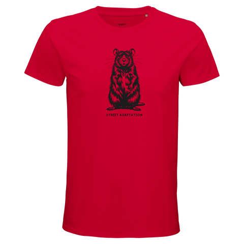 Svart, detaljerad råtta med texten "STREET ADAPTATION" på en röd premium herr-t-shirt.