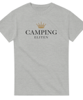 Camping Eliten logotyp med guld-detaljer på gråmelerad t-shirt