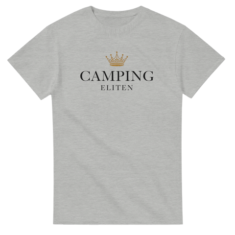 Camping Eliten logotyp med guld-detaljer på gråmelerad t-shirt