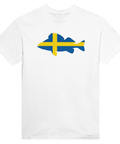 Minimalistisk t-shirt med en illustrerad abborre i svenska flaggans färger