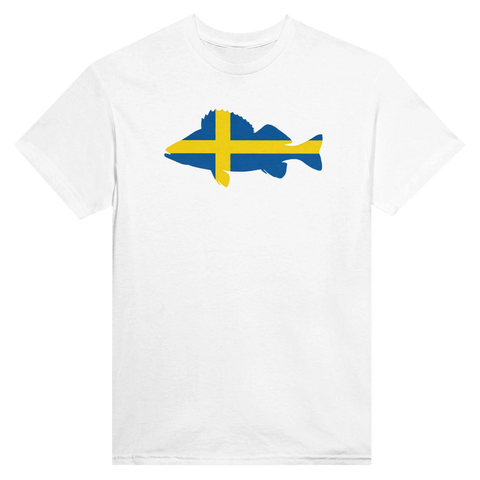 Minimalistisk t-shirt med en illustrerad abborre i svenska flaggans färger
