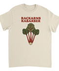 Nostalgiskt motiv av rabarber med texten Rackarns Rabarber – t-shirt för odlingsentusiaster