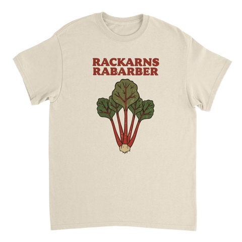 Nostalgiskt motiv av rabarber med texten Rackarns Rabarber – t-shirt för odlingsentusiaster
