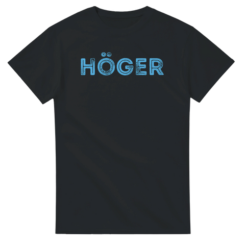 Blått grafiskt tryck med texten Höger – svart t-shirt