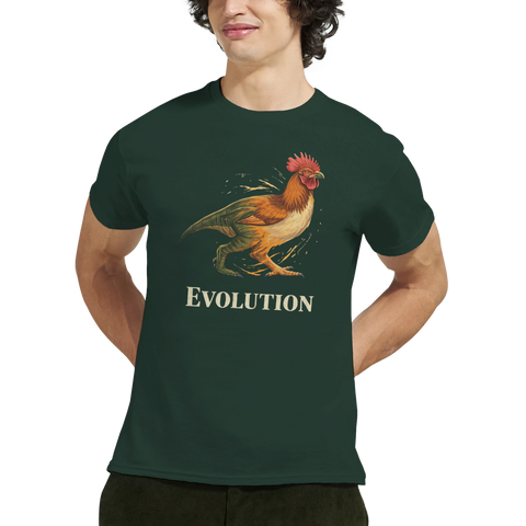 Man bär mörkgrön t-shirt med satirisk illustration av en utvecklad dinosaurie