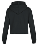 Svart croppad hoodie med huva och långa ärmar, baksida.