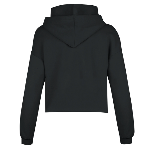 Svart croppad hoodie med huva och långa ärmar, baksida.