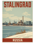 Närbild på en grafisk illustration av Stalingrads horisont i dämpade toner av blått, beige och tegelrött i retrostil.