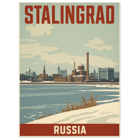 Närbild på en grafisk illustration av Stalingrads horisont i dämpade toner av blått, beige och tegelrött i retrostil.