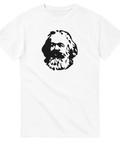 Minimalistisk illustration av Karl Marx på en vit t-shirt