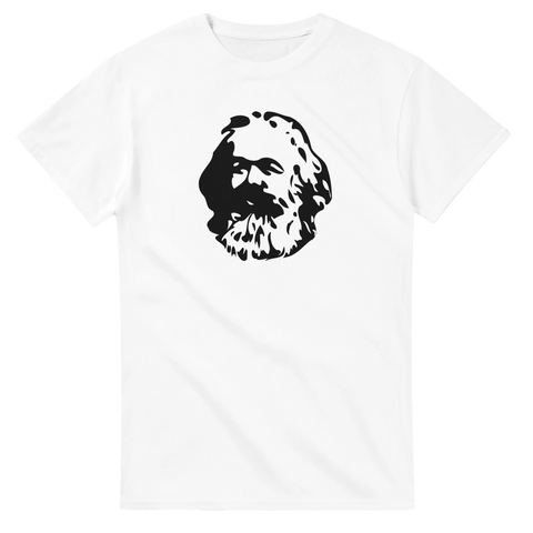 Minimalistisk illustration av Karl Marx på en vit t-shirt