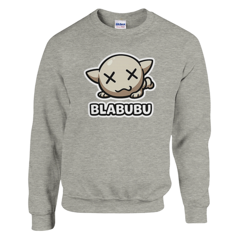 Gråmelerad sweatshirt med minimalistiskt monster och texten Blabubu