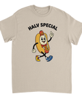Retro cartoon-illustration av en gående korv med mos på beige t-shirt