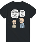 Svart t-shirt med satirisk tecknad serie om ideologi och att bli vuxen