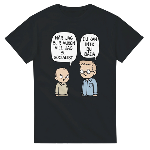 Svart t-shirt med satirisk tecknad serie om ideologi och att bli vuxen
