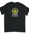 Grafisk illustration av ett cannabisblad i cirkel med texten cannabis det gröna