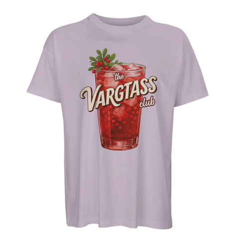 Färgstarkt motiv av ett glas vargtass med is på ljuslila oversized t-shirt