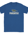Blå t-shirt med lekfullt tryck föreställande en bepansrad krokodil i retrostil