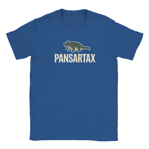 Blå t-shirt med lekfullt tryck föreställande en bepansrad krokodil i retrostil