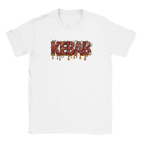 T-shirt med grafiskt humortryck av ordet kebab i en vit färgvariant