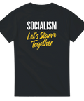 Svart t-shirt med kaxig samhällskritisk illustration och text