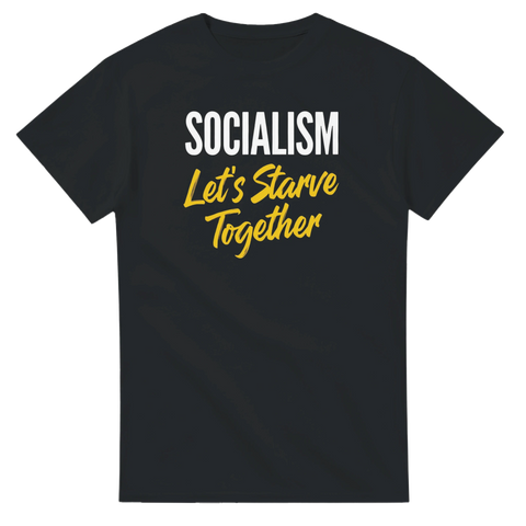 Svart t-shirt med kaxig samhällskritisk illustration och text
