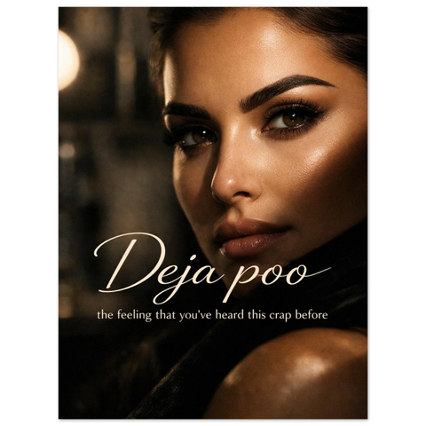 Fotokonst med glamourös kvinna och texten the feeling that you've heard this crap before i vitt.