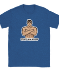 Tecknad muskulös man med korsade armar och text "STOPP MIN KROPP" på blå t-shirt.