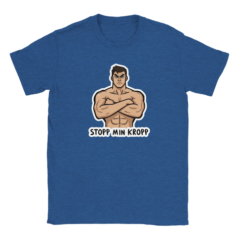 Tecknad muskulös man med korsade armar och text "STOPP MIN KROPP" på blå t-shirt.