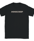 MINDCRAF" texttryck i pixelstil på en svart t-shirt med rund hals, gaming-inspirerad.