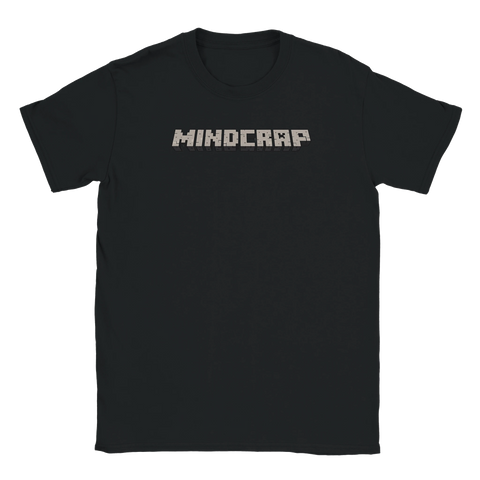 MINDCRAF" texttryck i pixelstil på en svart t-shirt med rund hals, gaming-inspirerad.
