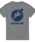 Saab 35 Draken flygplan med rök i blå cirkel, text "SAABLAR" på grå t-shirt.