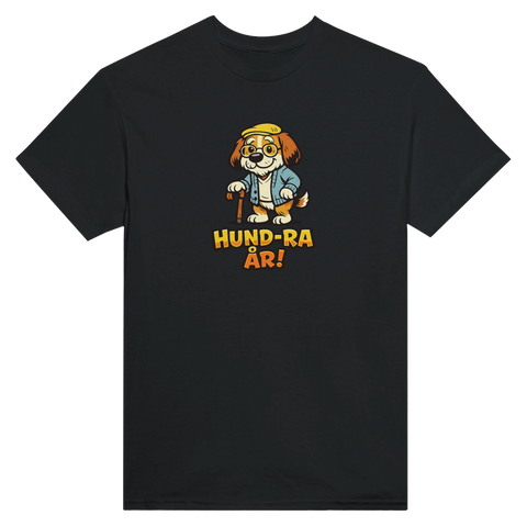 Svart t-shirt med ironisk ordvits och illustrerad gammal hund