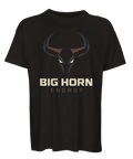 Svart boxy t-shirt med minimalistisk illustration av horn och statement-design