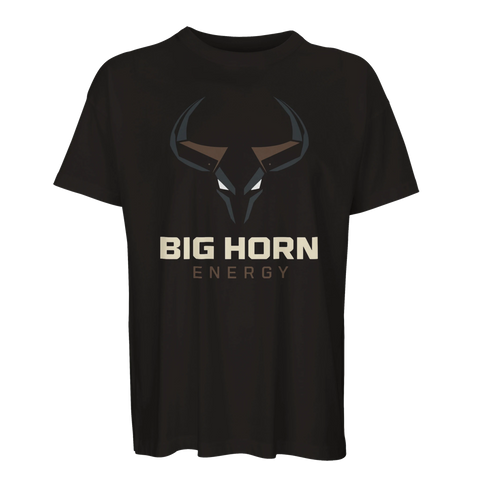 Svart boxy t-shirt med minimalistisk illustration av horn och statement-design