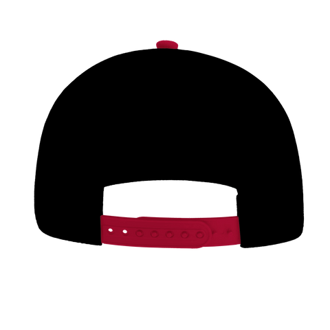 Svart snapback-keps med röd justerbar knäppning baktill.
