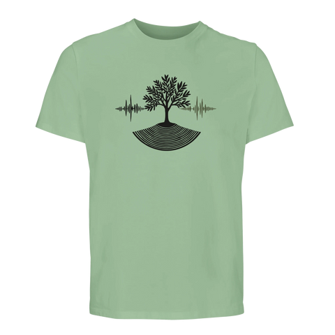 Svart träd med ljudvågor på ljusgrön ekologisk t-shirt.