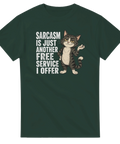 Grafiskt kattmotiv med sarkastiskt budskap på mörkgrön t-shirt