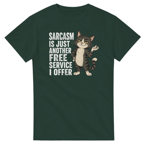 Grafiskt kattmotiv med sarkastiskt budskap på mörkgrön t-shirt