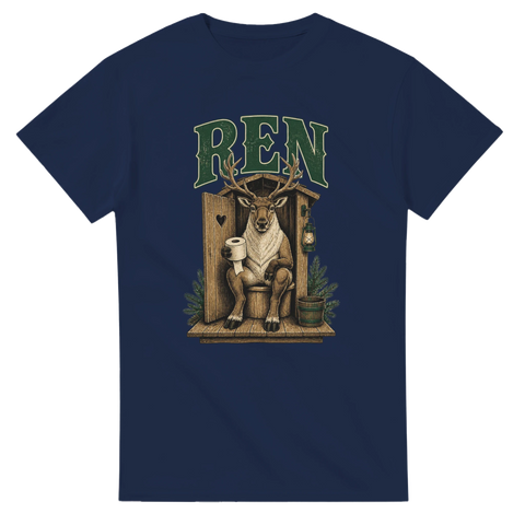 Vintage-inspirerat motiv av en ren som sitter på toaletten – marinblå t-shirt