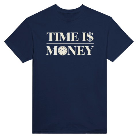 Marinblå t-shirt med texten Time is Money och en klocka i bokstaven O.