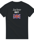 Svart t-shirt med texten Jag heter Britt och brittisk flagga